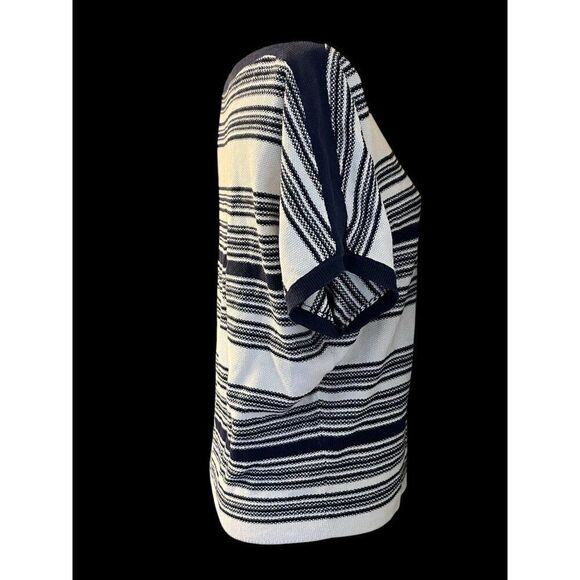 Lauren Ralph Lauren Medium Navy Blue White Striped Linen Blend Nautical Blouse - Picture 3 of 5